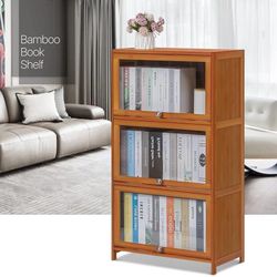 3 Tier Book Cabinet with Acrylic Doors, Bamboo Display Shelf Organizer Stand for Children's Student, Hallway, Home, Office, Brown