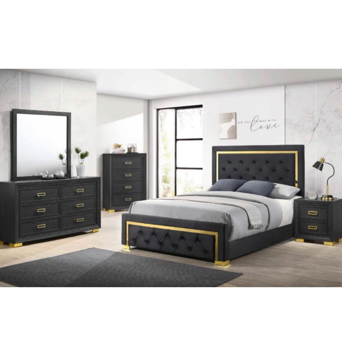 4- Pc Bedroom set Dresser,Mirror Nightstand (1) Queen size bed frame Not including Mattress and Box Sp