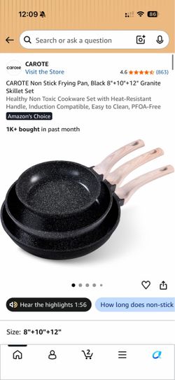 CAROTE Non Stick Frying Pan, Black 8"+10"+12" Granite Skillet Set Healthy Non Toxic Cookware Set with Heat-Resistant Handle, Induction Compatible, Eas
