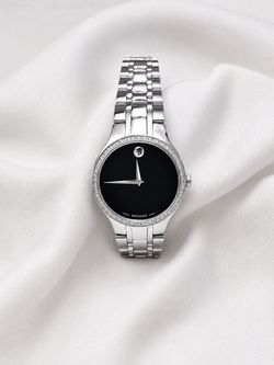 Movado Swiss Made Stainless Steel Watch Blue Dial Stone Bezel Runs Perfectly