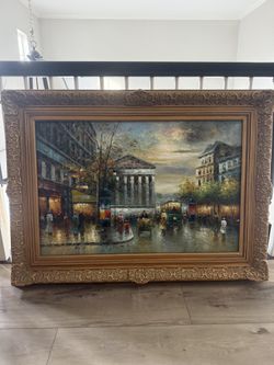 Large Paris Street Scene Oil Painting – Ornate Gold Frame, 45" x 34"