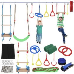 Ninja Warrior Kids Obstacle Course, 65 FT Durable Slackline with 9 Obstacles
