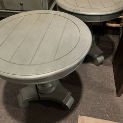 2 Furniture Of America Sage/Green End Tables W/A Planket Look Table Top & A Pedestal Base(See & Click On Pictures). New. Never Been Used 
