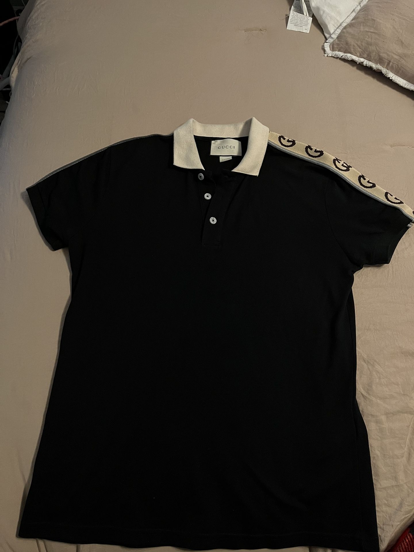 Gucci Black Polo Shirt With Gucci Stripe on Sleeve T-shirt Size M