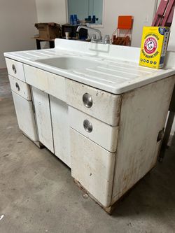 Vintage Cast Iron Sink with Cabinet Base