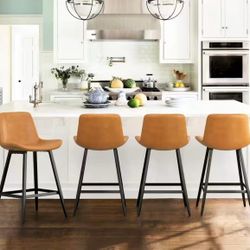 Bar Stools Set of 2, 28" Counter Height Bar Stools, Faux Leather Barstools for Kitchen Island, Backless Saddle Stools with Metal Legs (Dark Brown, 2PC