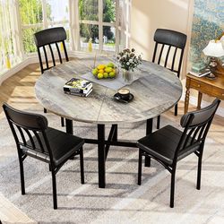 Round Dining Table Set for 4, Wood Circle Kitchen Table and Chairs Set for 4, Modern Dining Room Sets with 4 Faux Leather Chairs, Round Dinner Table f