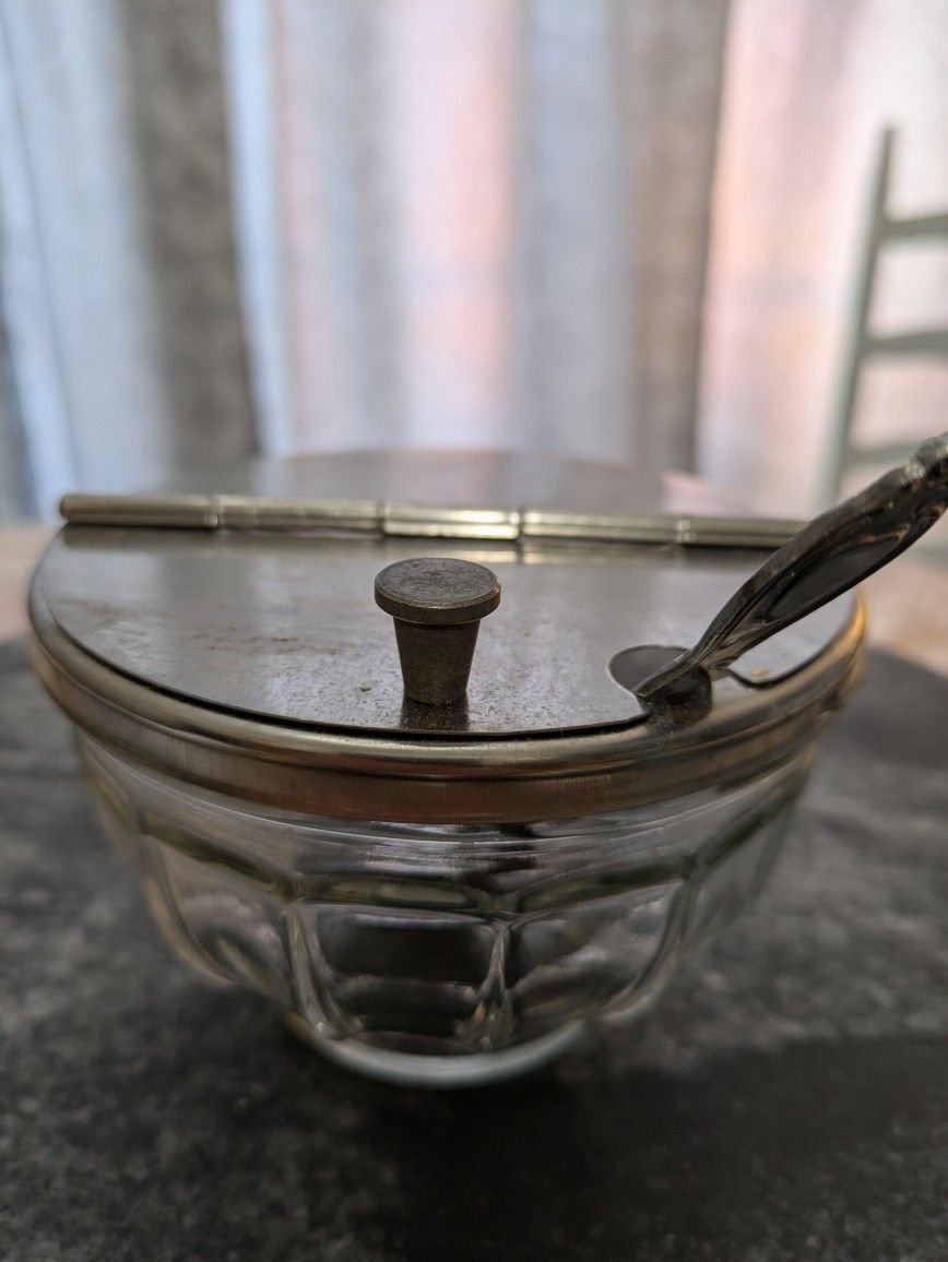 Vintage Glass & Metal Sugar Bowl With Spoon