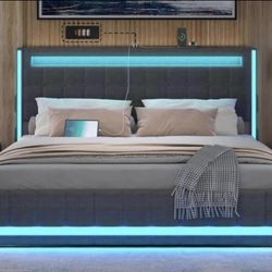 Queen Size Bed Frame with LED Lights and Charging Station, Upholstered Platform Bed with Adjustable Headboard, Queen Size Bed with Wooden Support and 