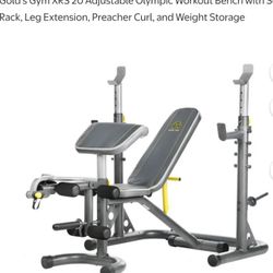 Gold's Gym XRS 20.  Adjustable Olympic Workout Bench With Squad Rack, Adjustable Safety Spotters And Weight Storage. Leg Extension, Preacher Curl.