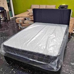 Complete  Bed For Sale.[ Mattress With Box Spring And Wooden Bedframe With Headboard As Well 