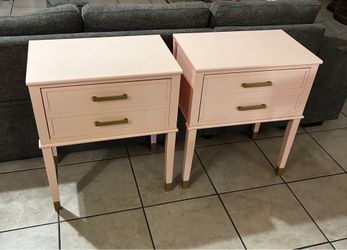 Soft Pink Nightstand Set w/ Brass Accents — Designer Look