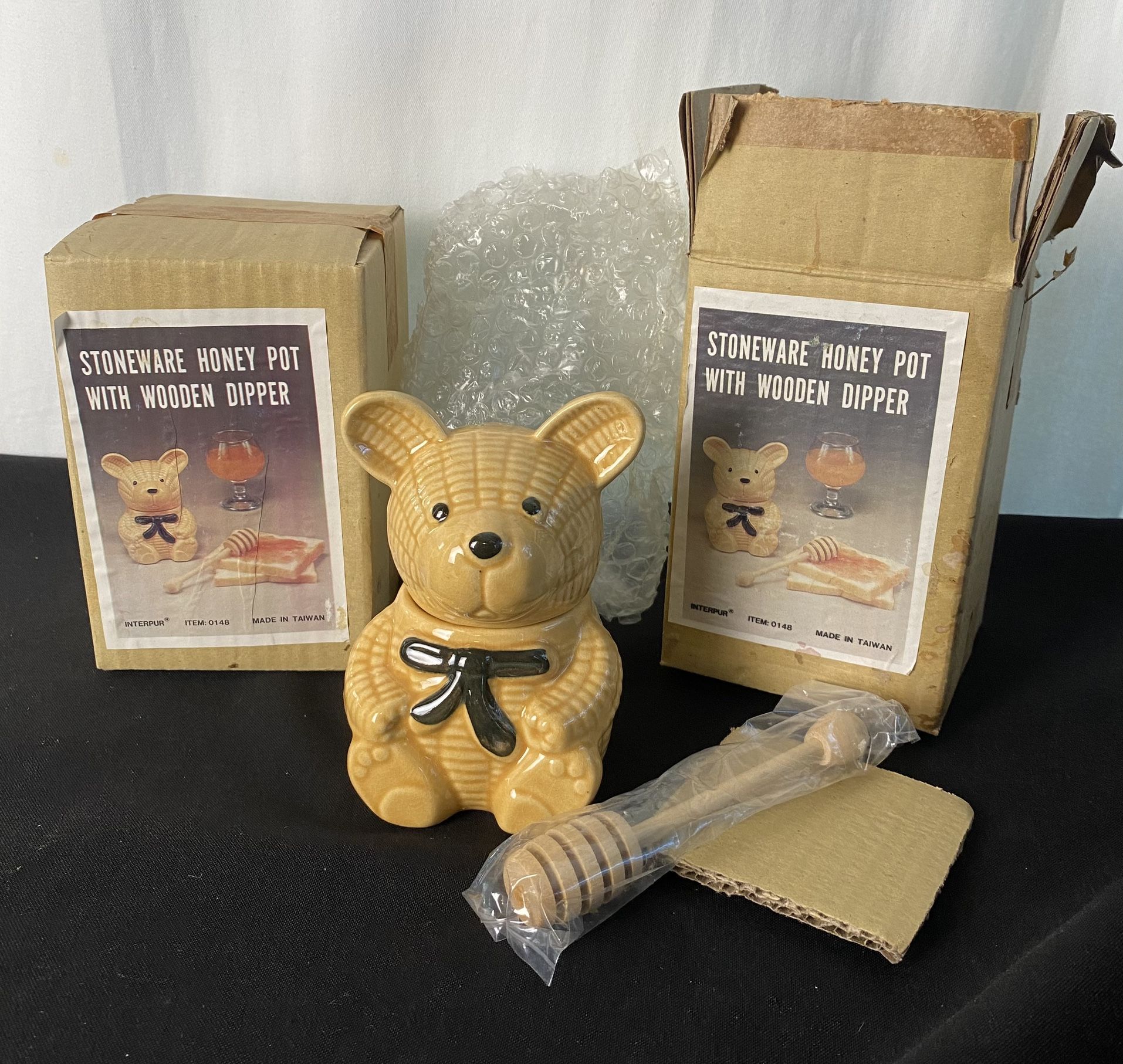 Set of 2 Vintage Interpur Stoneware Honey Pot With Wooden Dipper Pottery Bears