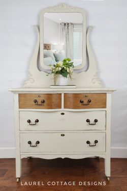 Painted Dresser With Mirror Vintage Farmhouse Shabby Chic White Bedroom Furniture Refinished Antique For Sale In Portland Or Offerup