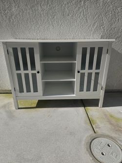 White TV Stand with Glass Panel Doors