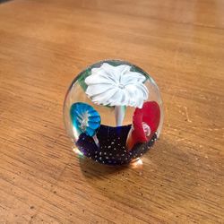 Vintage Murano Style Art Glass Paperweight, Flowered Dome 2.25"H