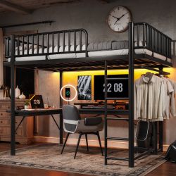 Evara Queen Size Metal Loft Bed with L-Shaped Desk, LED and Charge Station