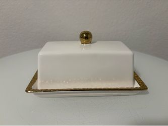 Ceramic Butter Dish White with Gold Trim