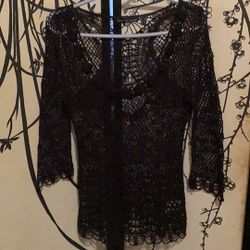 Kapalua Women’s Black Crochet Blouse Tunic Embellished W/Beads Sparkling 