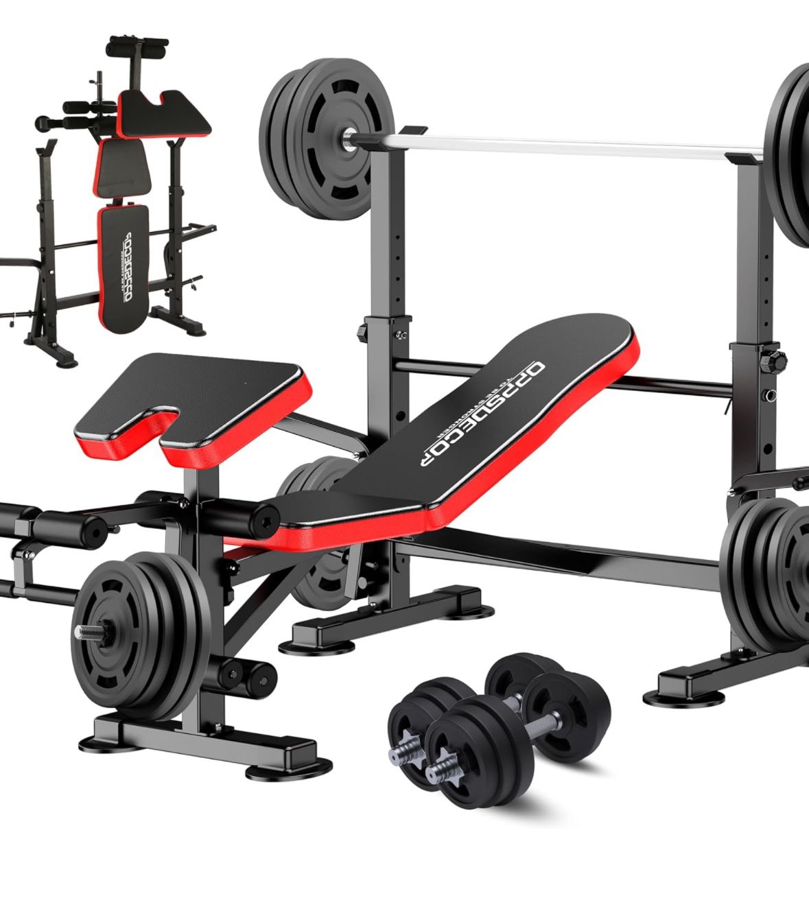 600lbs 6 in 1 Weight Bench Set with Squat Rack Adjustable Workout Bench with Leg Developer Preacher Curl Rack Fitness Strength Training for Home Gym