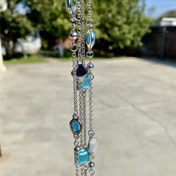 Stainless Steel Long Double Necklace Mixed Gemstone & Crystals