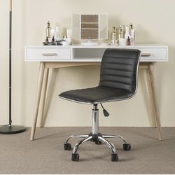 Adjustable Task Chair PU Leather Low Back Ribbed Armless Swivel Black Desk Chair Office Chair Wheels
