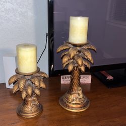 Bronze Palm Tree Monkey Candle Holders Caribbean Tropical Decor