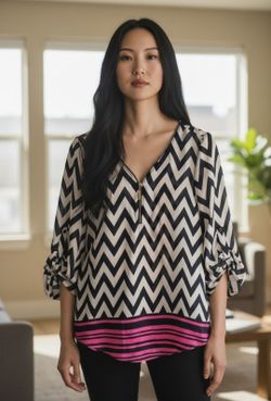 Tacera Women's Size M Tunic Blouse Black/Cream/ Fuchsia Accent Chevron Print Zipper Accent. The Tacera chevron tunic blouse features a striking black 