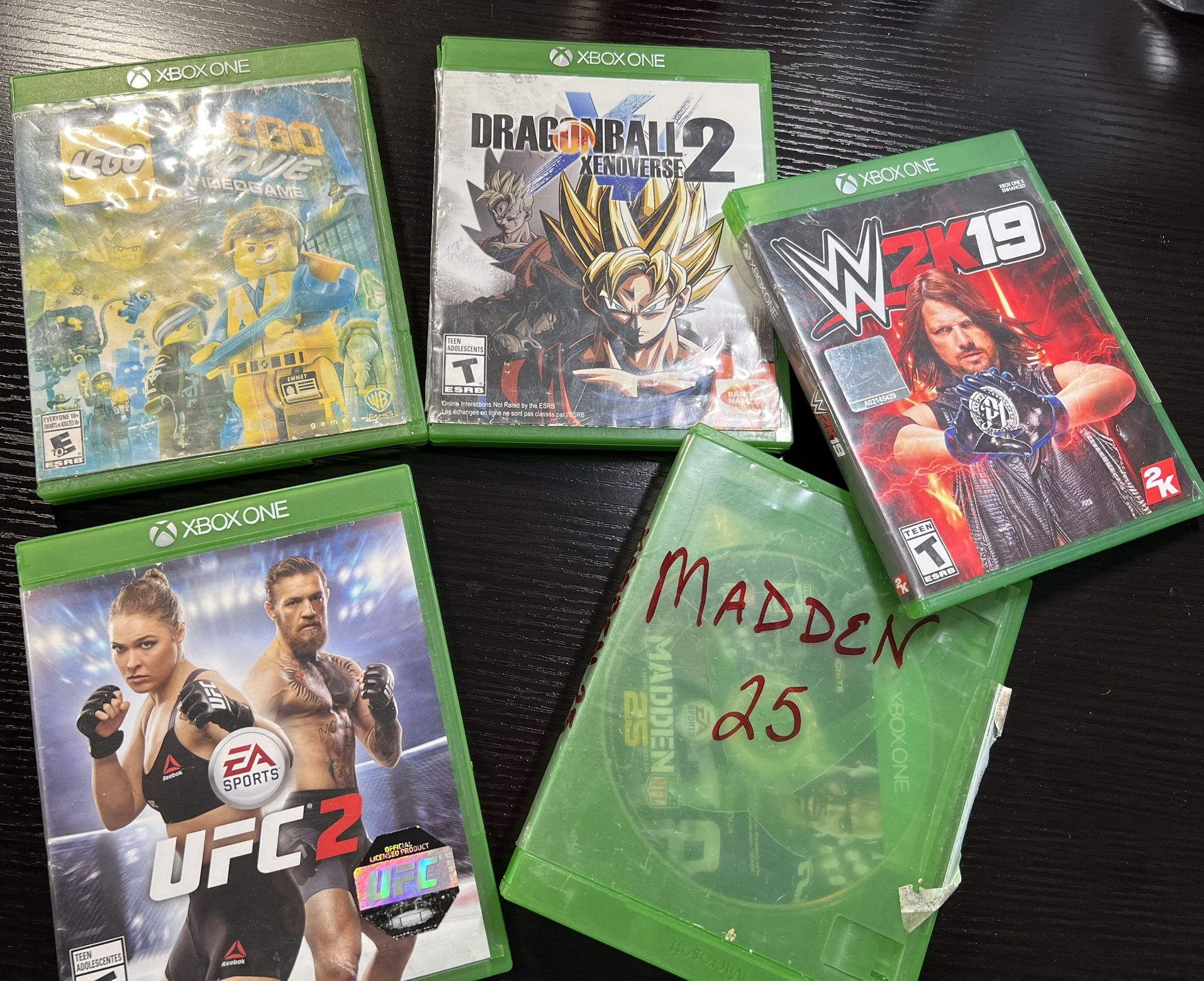 XBOX ONE GAMES LOT OF 5 MADDEN 25 LEGO MOVIE UFC2 W2K19 DRAGONBALL2 