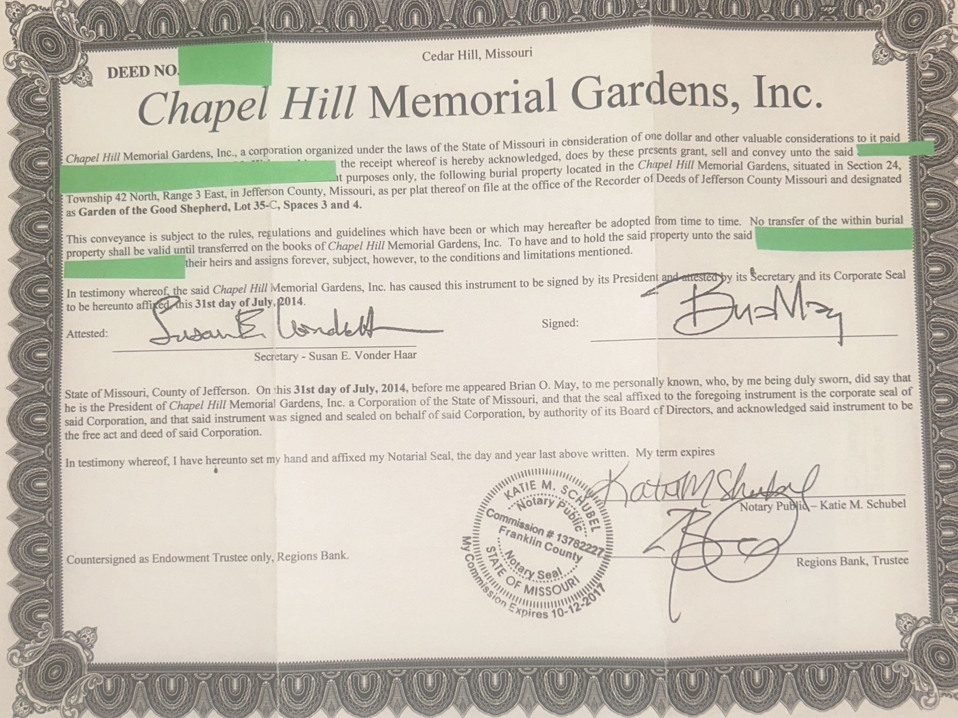 Two Side-by-Side Burial Plots in Chapel Hill Memorial Gardens, Cedar Hill, MO