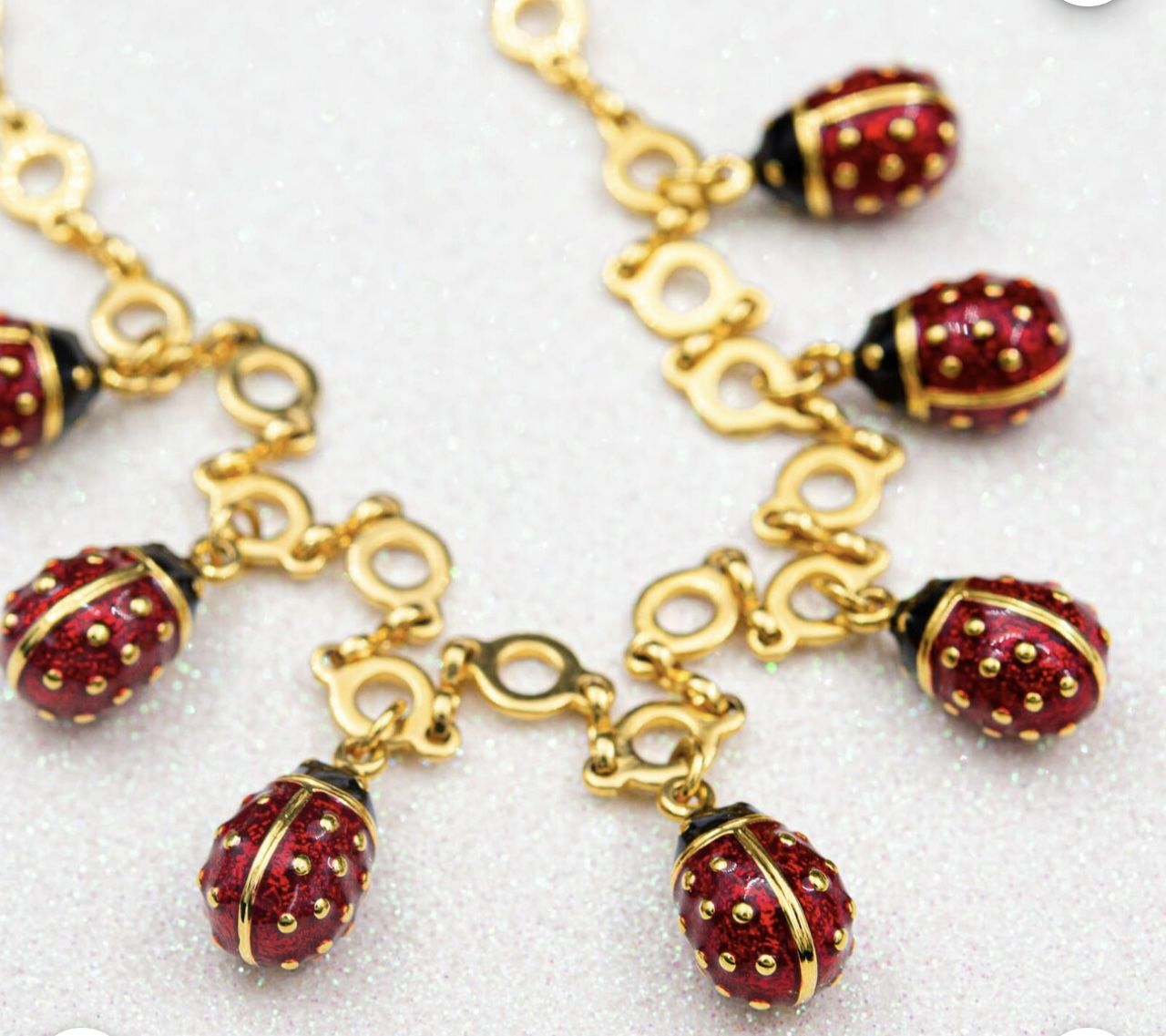 Vintage Joan Rivers ladybug necklace Gold cha cha necklace Red