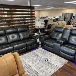 Kempten Black Led Reclining Living Set Sofa And Loveseat 