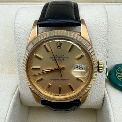 Rolex Watch Datejust 36mm Yellow gold custom factory champagne dial black leather band watch box tag appraisal