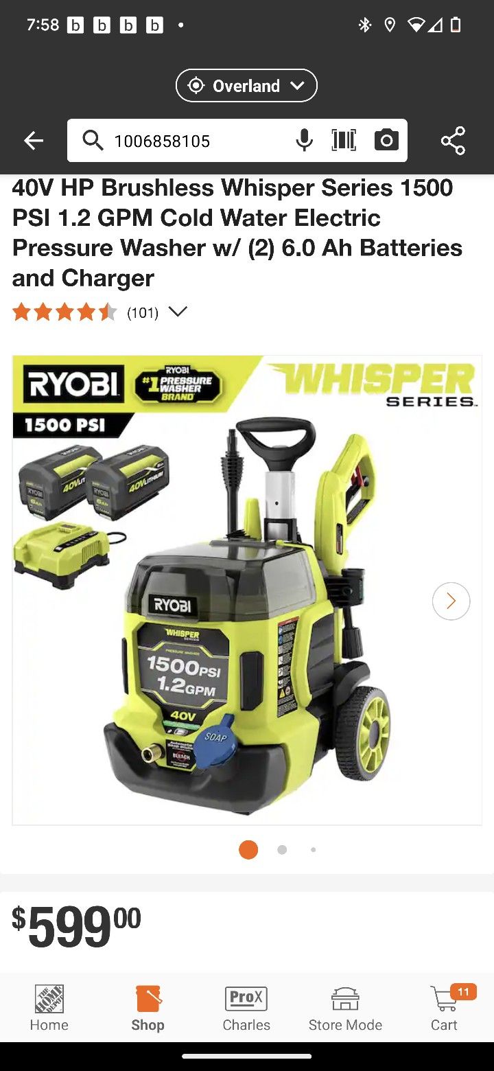 RYOBI
40V HP Brushless Whisper Series 1500 PSI 1.2 GPM Cold Water Electric Pressure Washer w/ (2) 6.0 Ah Batteries and Charger.