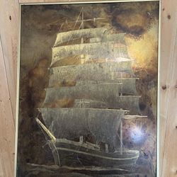 Vintage Nautical Etched Metal Ship Art – Copper Patina – 1973
