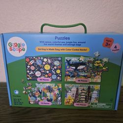 New Giggle Scape 4 Puzzles Outer Space Sea Life Jungle Buildings Age 3+ Toddler Kid's Toys w/ Bags
