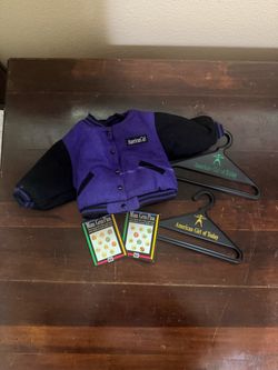 Pleasant Company American Girl Purple Varsity Jacket, Mini Grin Pins & 2 Hangers