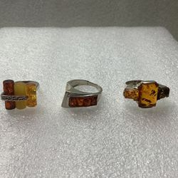 Sterling Silver Amber Ring Size 8