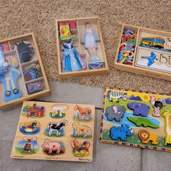 2 Magnetic Dress-Up, 2 Animal Wooden Puzzles, Letter Board (mostly Melissa & Doug)