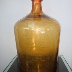 ANTIQUE 1800 BOTTLE NECK HAND BLOWN AMBER CORK TOP JUG - With Air Bubbles - No Chips GREAT AMBER COLOR