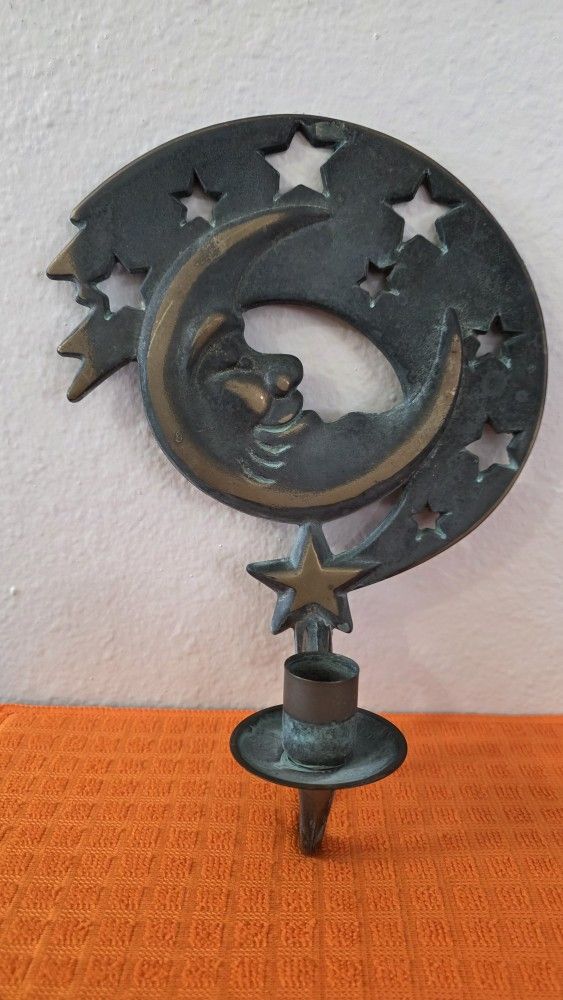 Vintage Moon and Stars Wall Candle Holder – Brass/Metal Celestial Décor