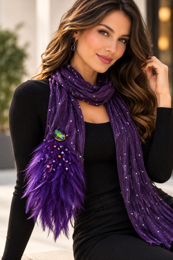 Purple Rhinestone Embellished Scarf – Feather Trim Statement Fashion Scarf