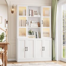 71"H White Bookcase with Doors, Double Wide Bookshelf and Bookcase with Doors, Large Bookshelves Storage Cabinet with 13 Compartments, Tall Storage Ca