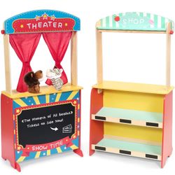 Wooden Puppet Theater Bonus 2 Hand Puppet, Double-Sided Lemonade Stand & Puppet Show Theater for Kids, Wood Deluxe Children Puppet Theatre Toy with Ch