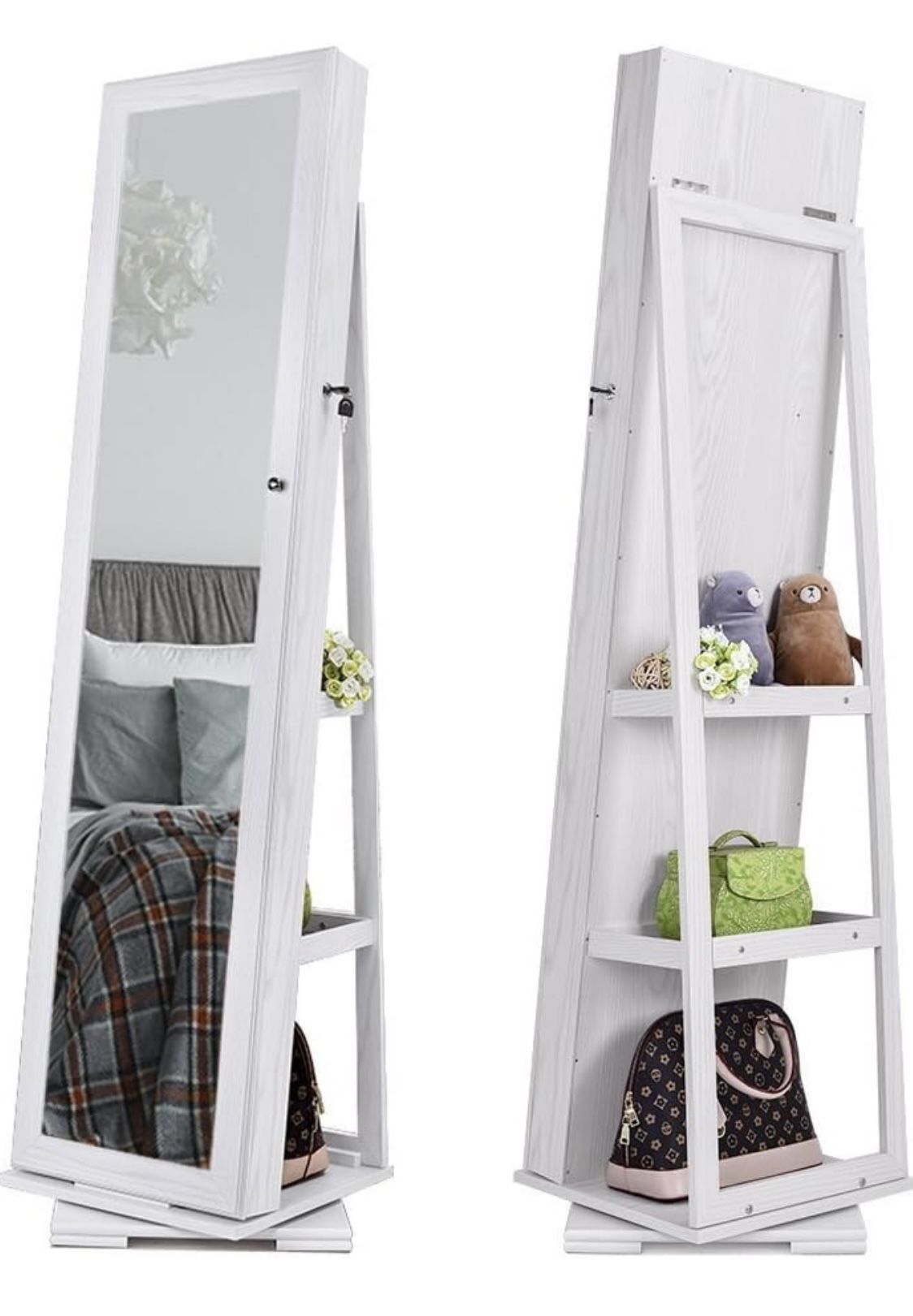 NEW IN BOX Mirrored Swivel locking Jewelry Storage Cabinet w/ back shelves