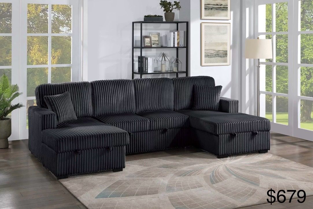 Black Corduroy Sectional Sleeper With Storage