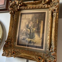 Antique Ornate Gold Gilded Frame Famous Artist Print Wall Art Cat Old Woman Sewing Bessie Gutmann