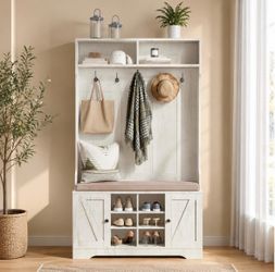 71“ White Hall Tree with Bench and Shoe Storage, 6 Adjustable Shelves, 6 adjustable shelves organize shoes, a cushioned seat supports up to 260 lb, an