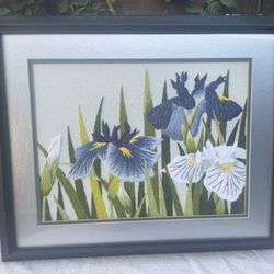 Vintage Chiyo's Framed  Blue Floral Needlepoint Art Japanese Bunka Needlecraft