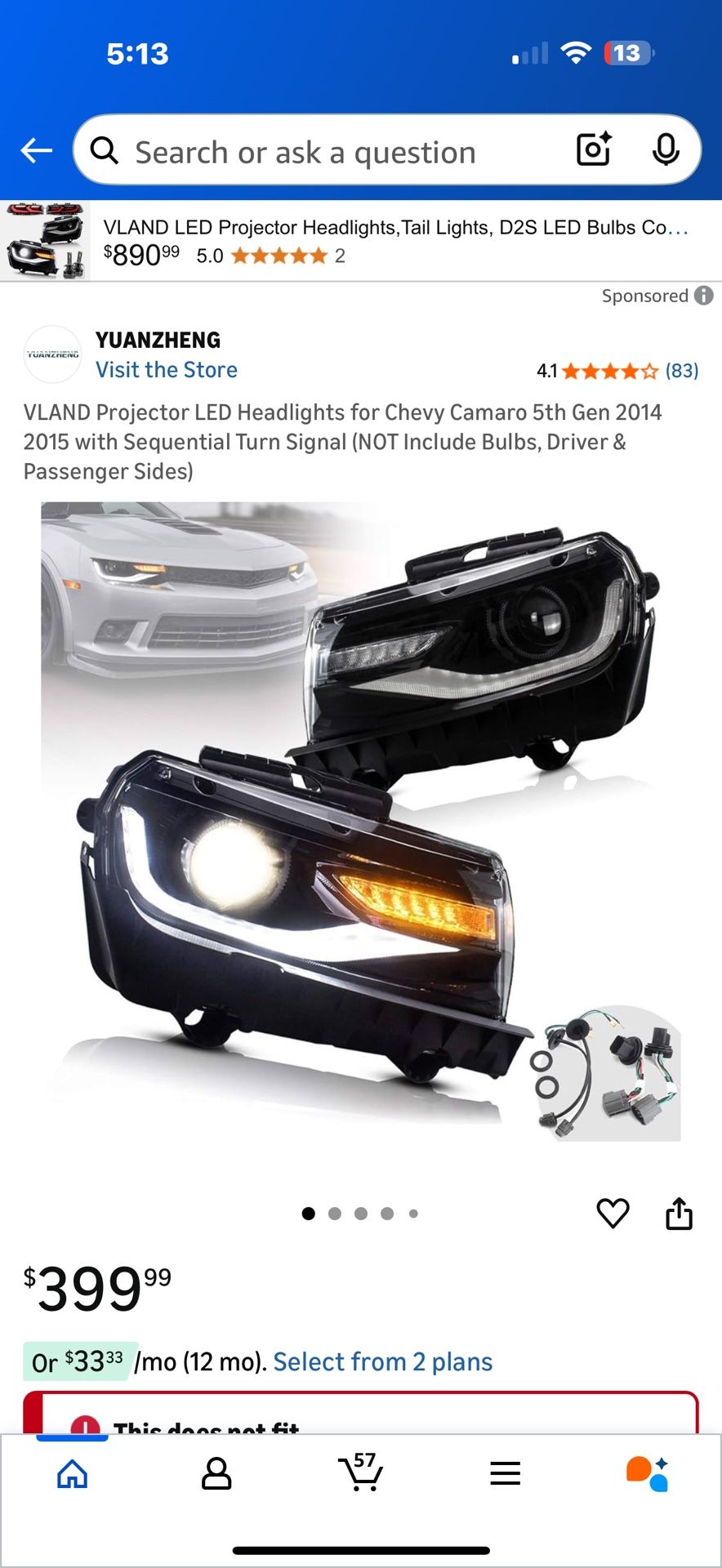 New in box VLAND Projector LED Headlights for Chevy Camaro 5th Gen 2014 2015 with Sequential Turn Signal (NOT Include Bulbs, Driver & Passenger Sides)